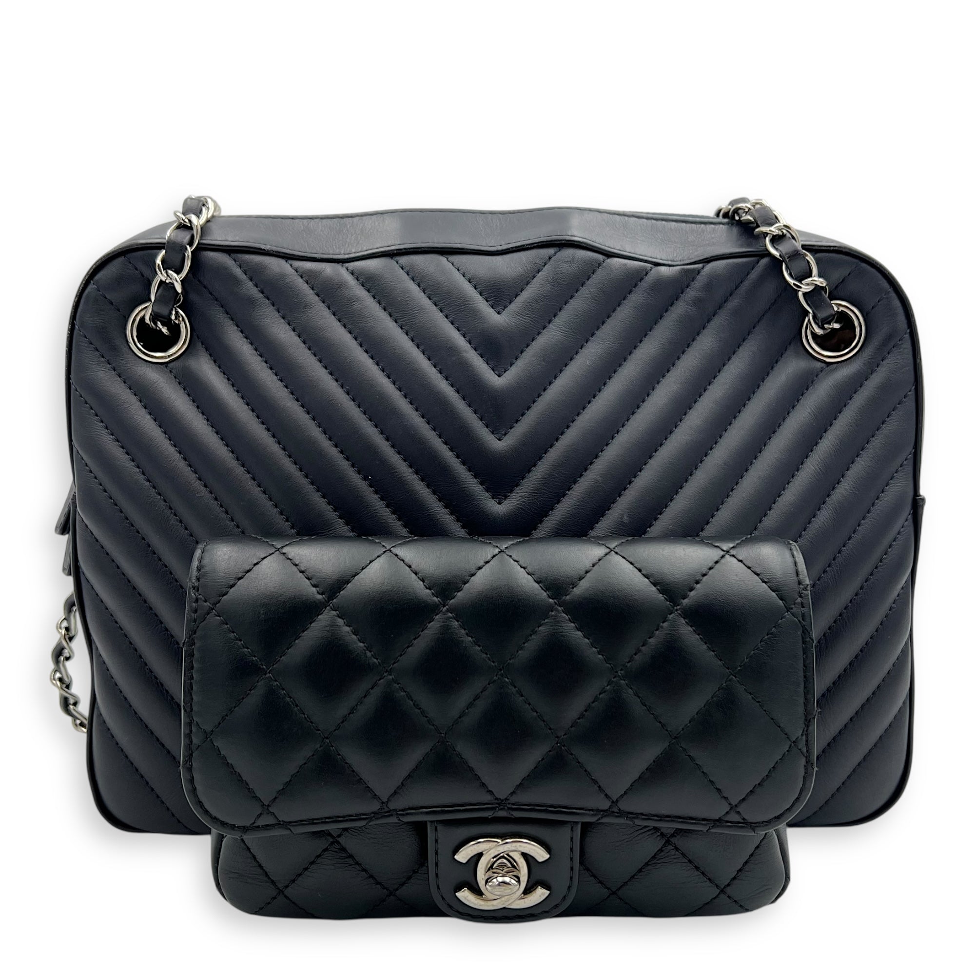 Chanel Paris Hamburg Double Camera Bag With Flap Navy & Black Shoulder Bag in Calfskin, Silver hardware_1