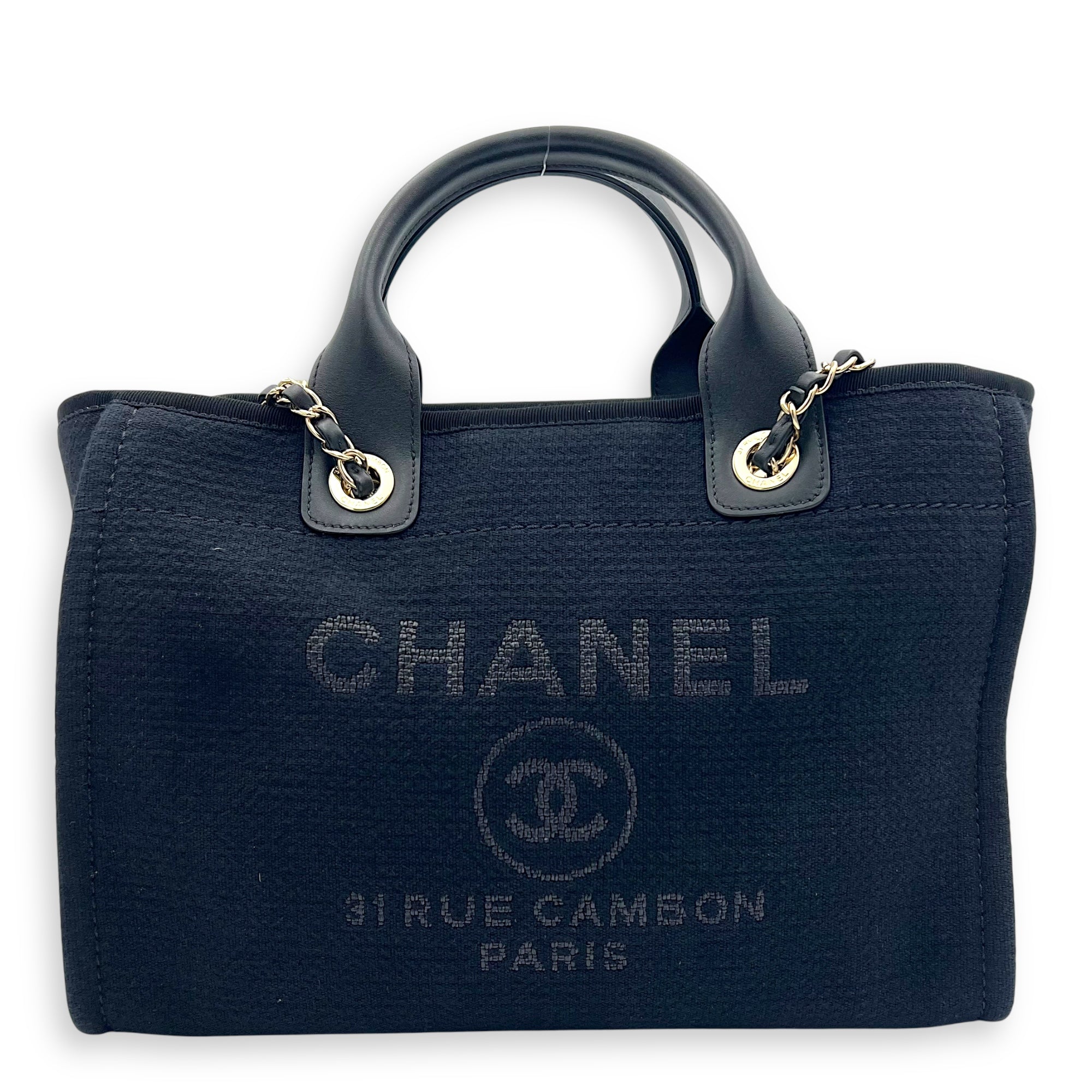 Chanel Deauville Tote Bag Black in Canvas, Gold hardware_9
