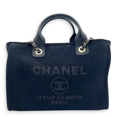 Chanel Deauville Tote Bag Black in Canvas, Gold hardware_9