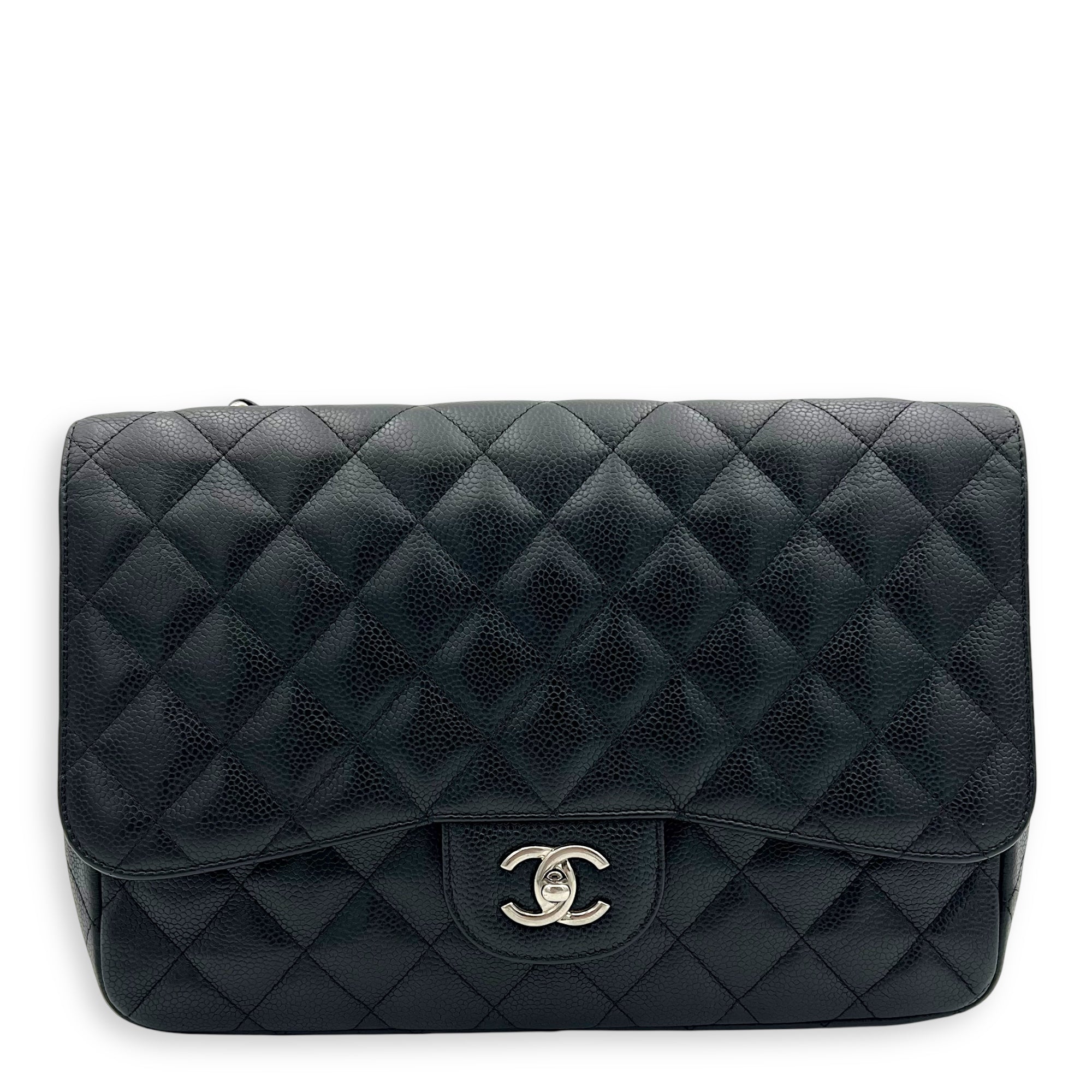 Chanel Classic Shoulder Bag Jumbo Black in Caviar Leather, Silver hardware_9