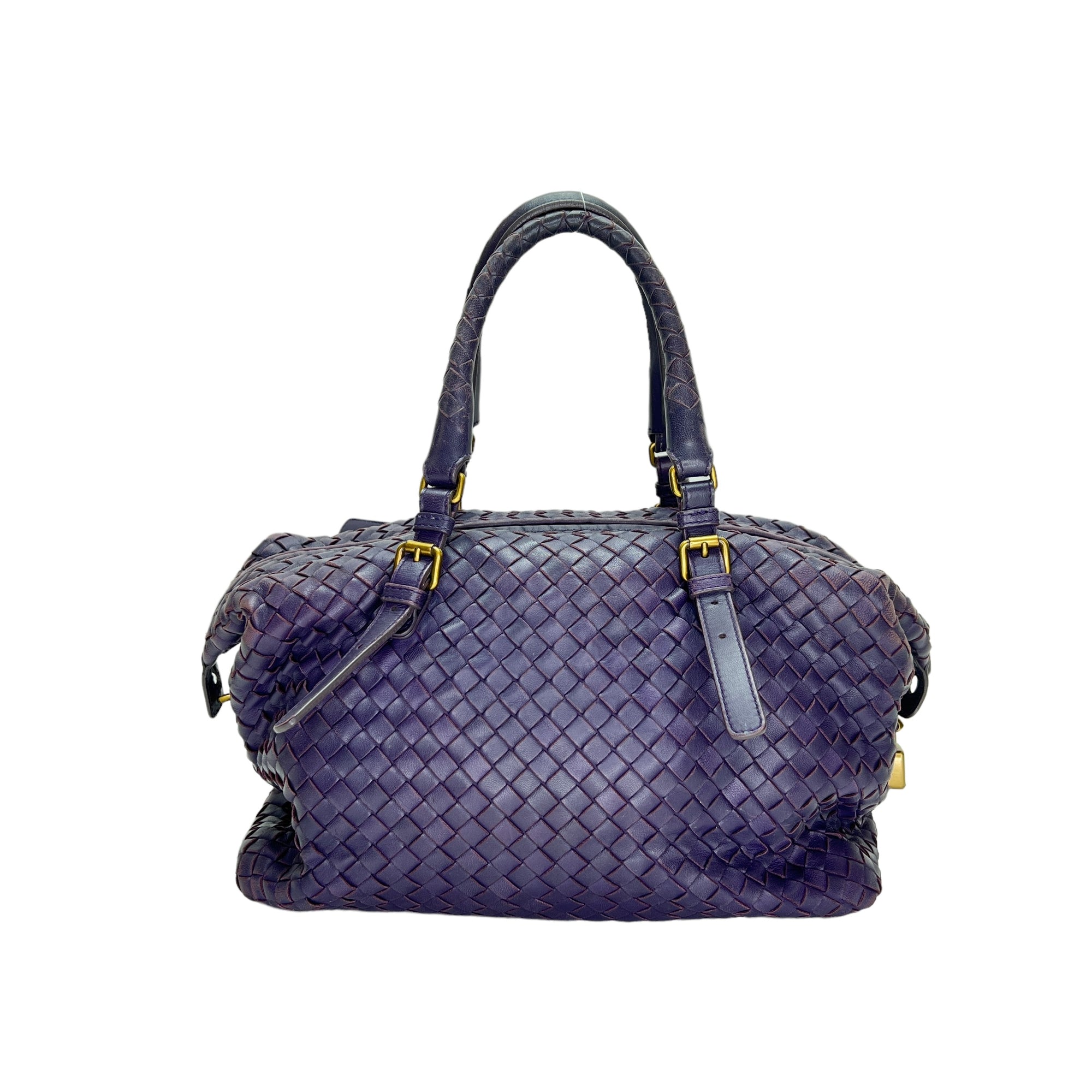 Boston Purple Top Handle Bag in Intrecciato Leather, Brushed Gold hardware