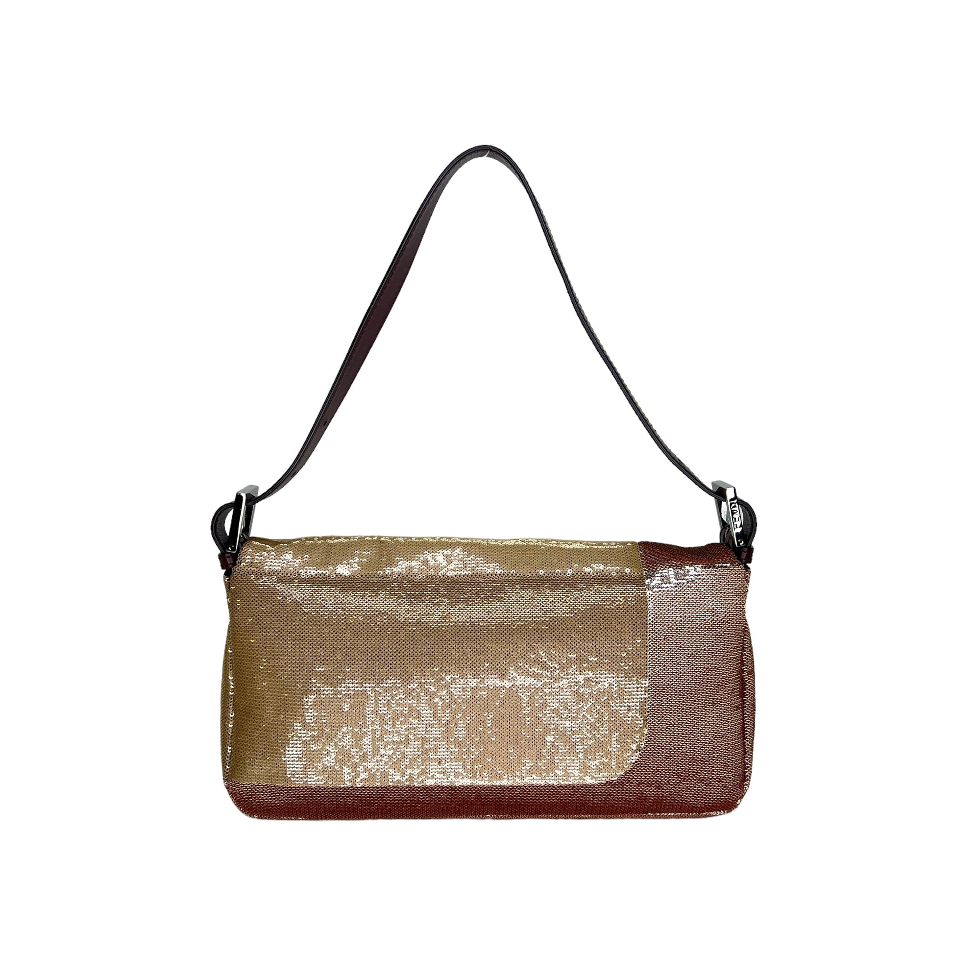 Baguette Abstract Blocks Brown Shoulder Bag in Sequins, Silver hardware