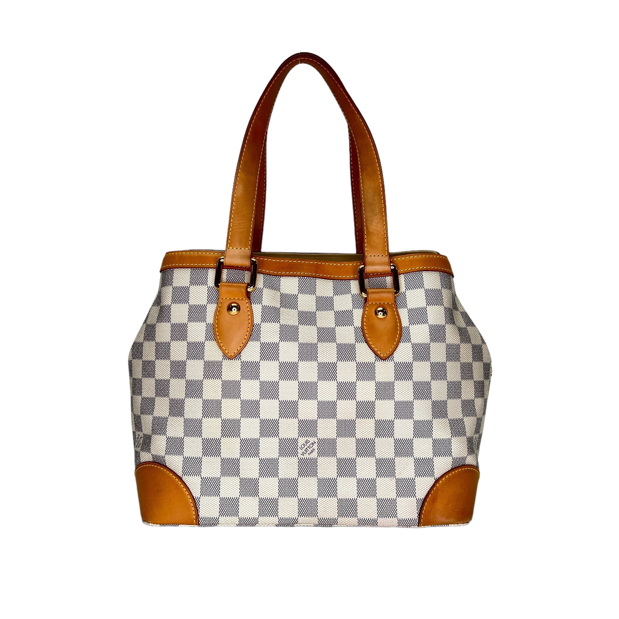 Hampstead PM Damier Azur Top Handle Bag in Coated Canvas, Gold hardware