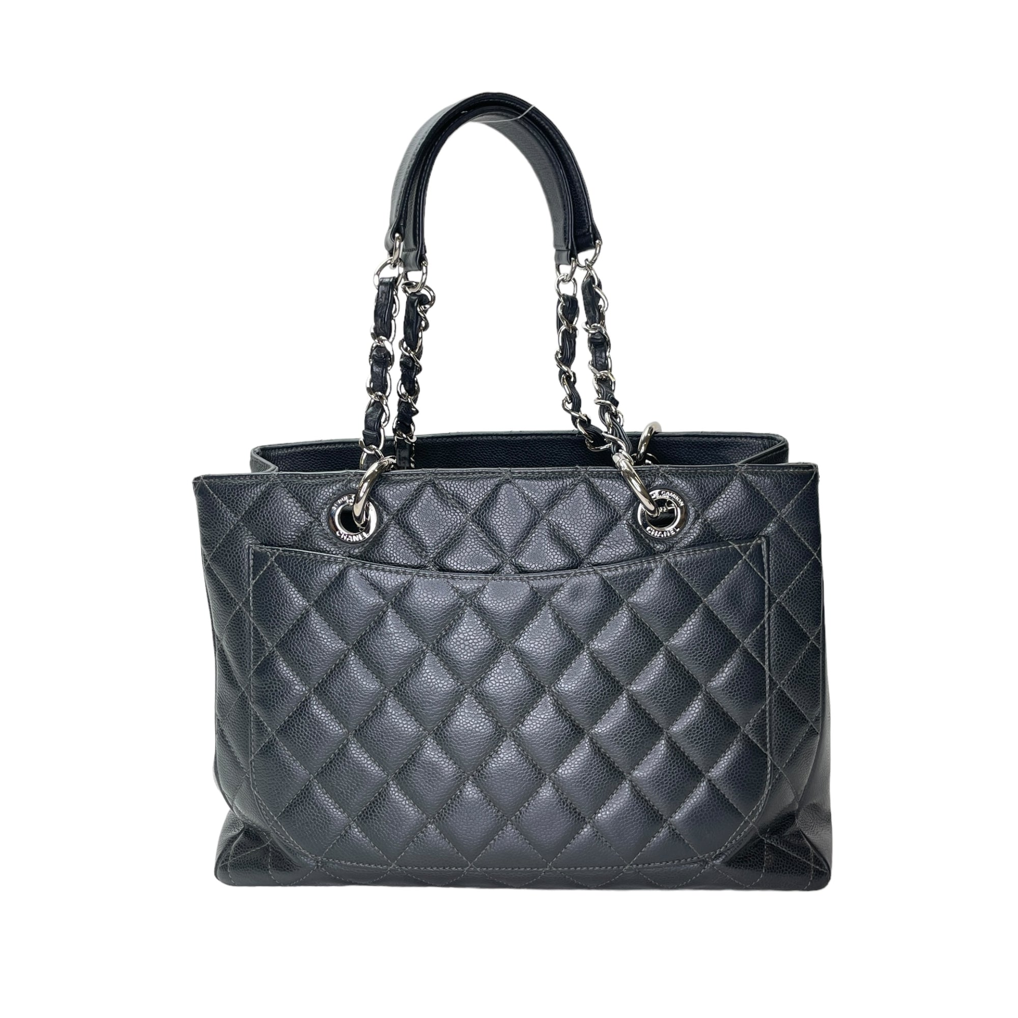 GST Grand Grey Tote Bag in Caviar Leather, Silver hardware