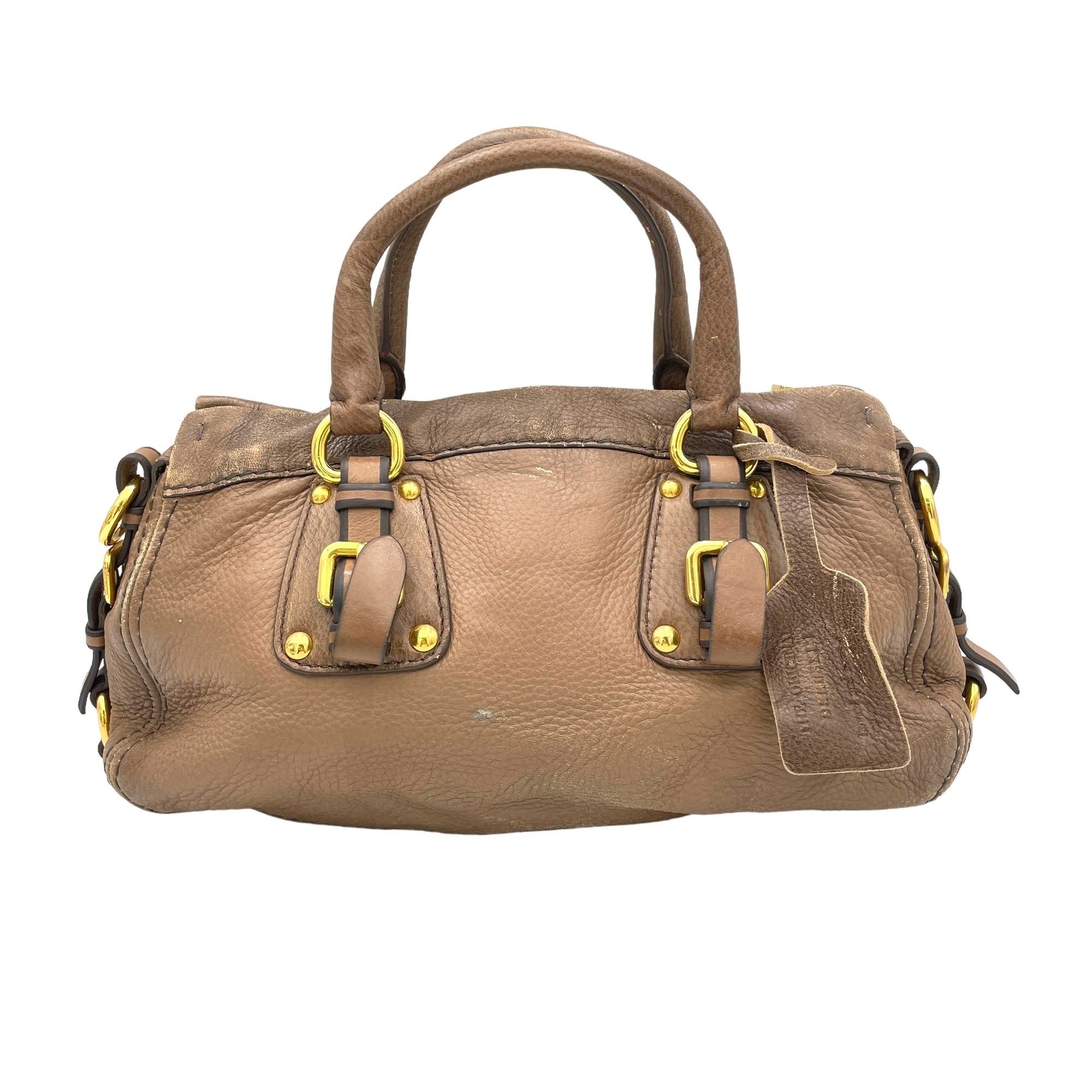 Logo Two way Brown Top Handle Bag in Deerskin, Gold hardware