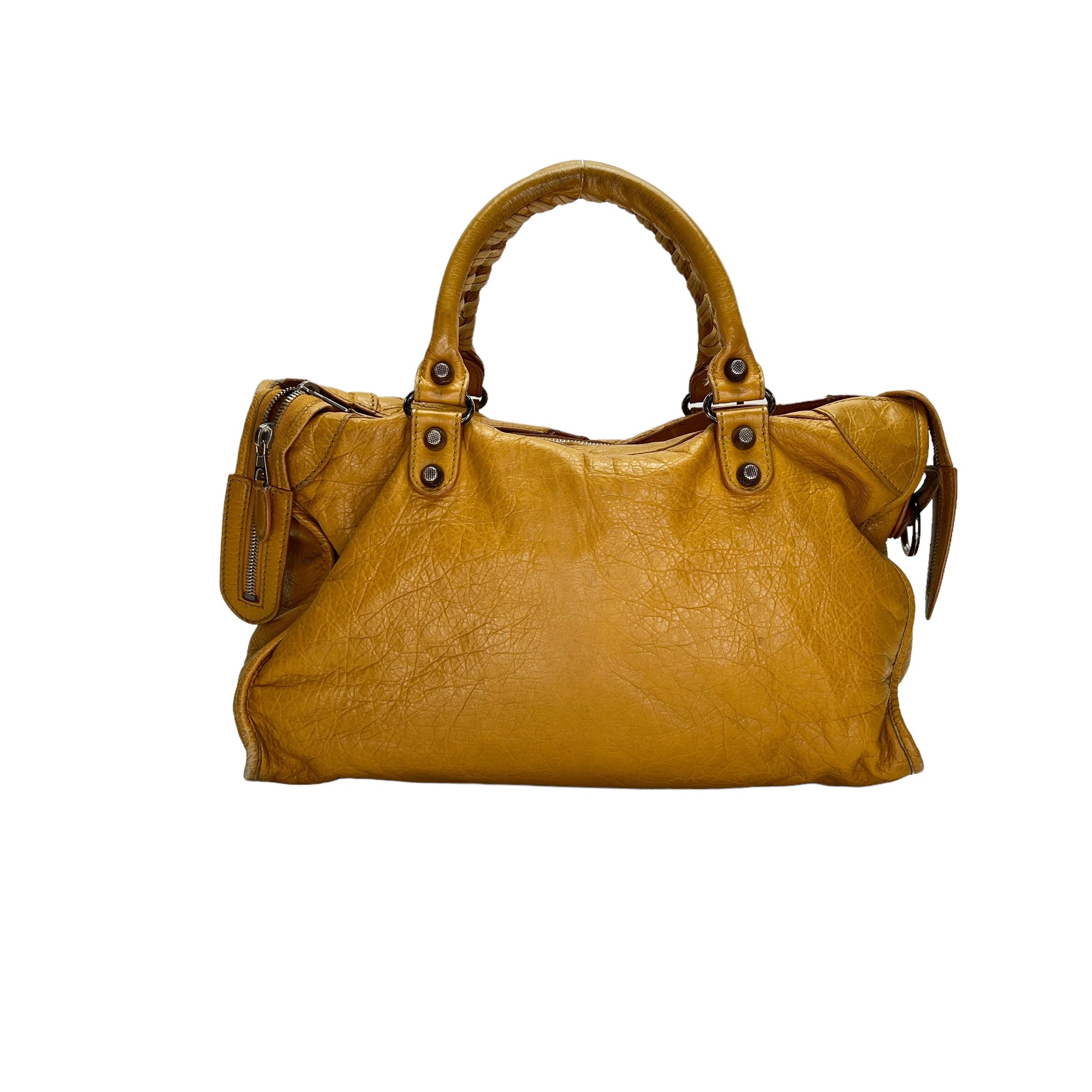 City Medium Yellow Shoulder Bag in Distressed Leather, Silver hardware