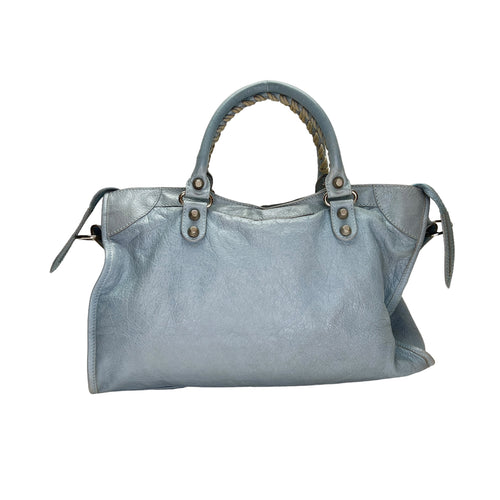 City Medium Blue Shoulder Bag in Distressed Leather, Silver hardware