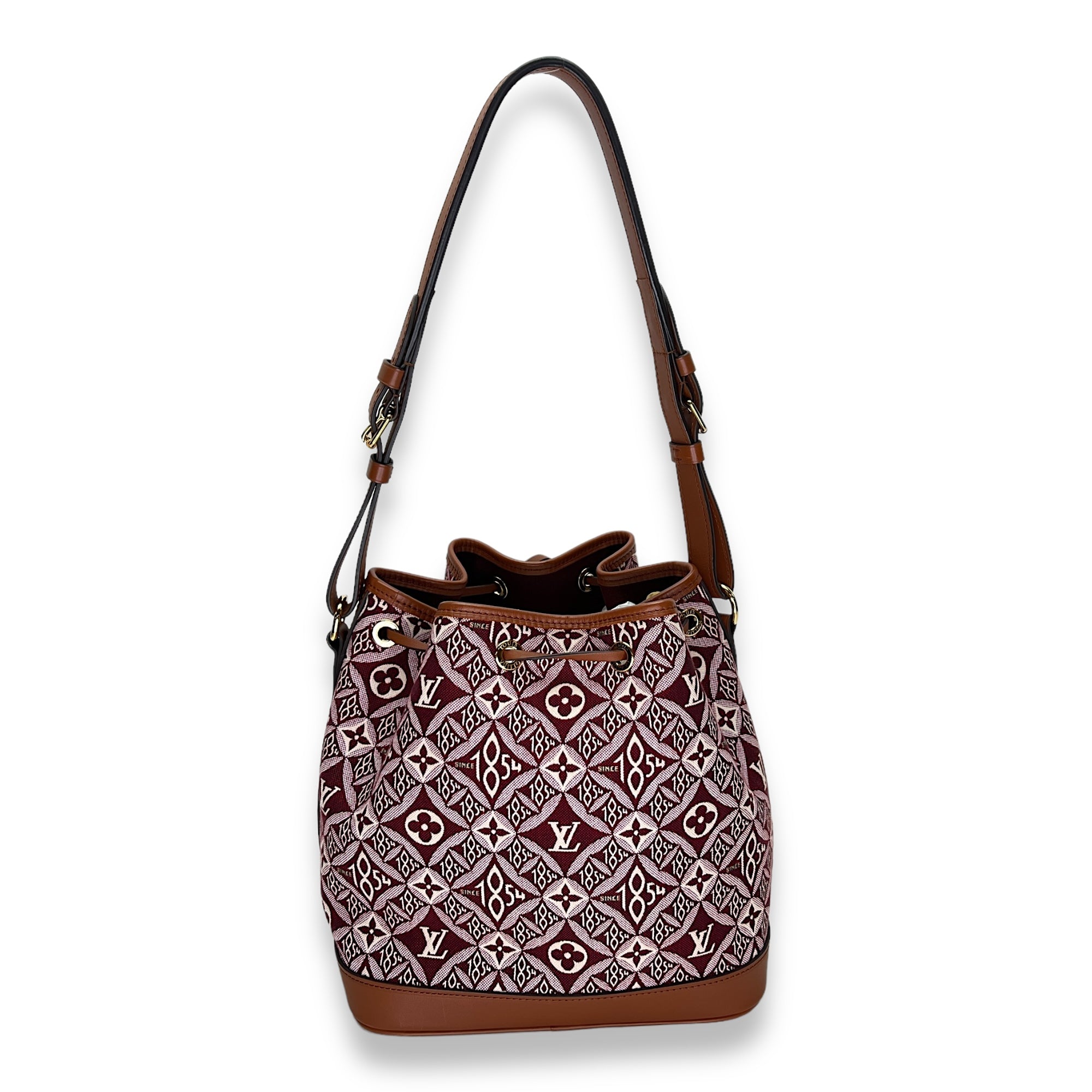 Noe Burgundy Bucket Bag in Jacquard, Gold hardware