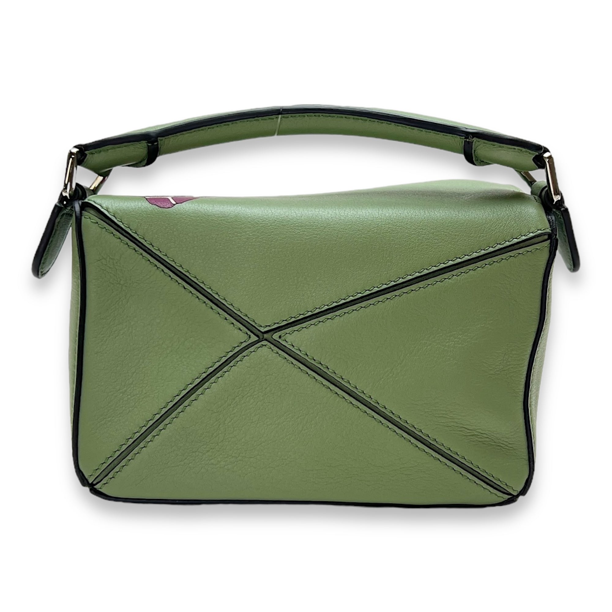 Joe Brainard Pansies Puzzle Mini Green Crossbody Bag in Calfskin, Silver hardware