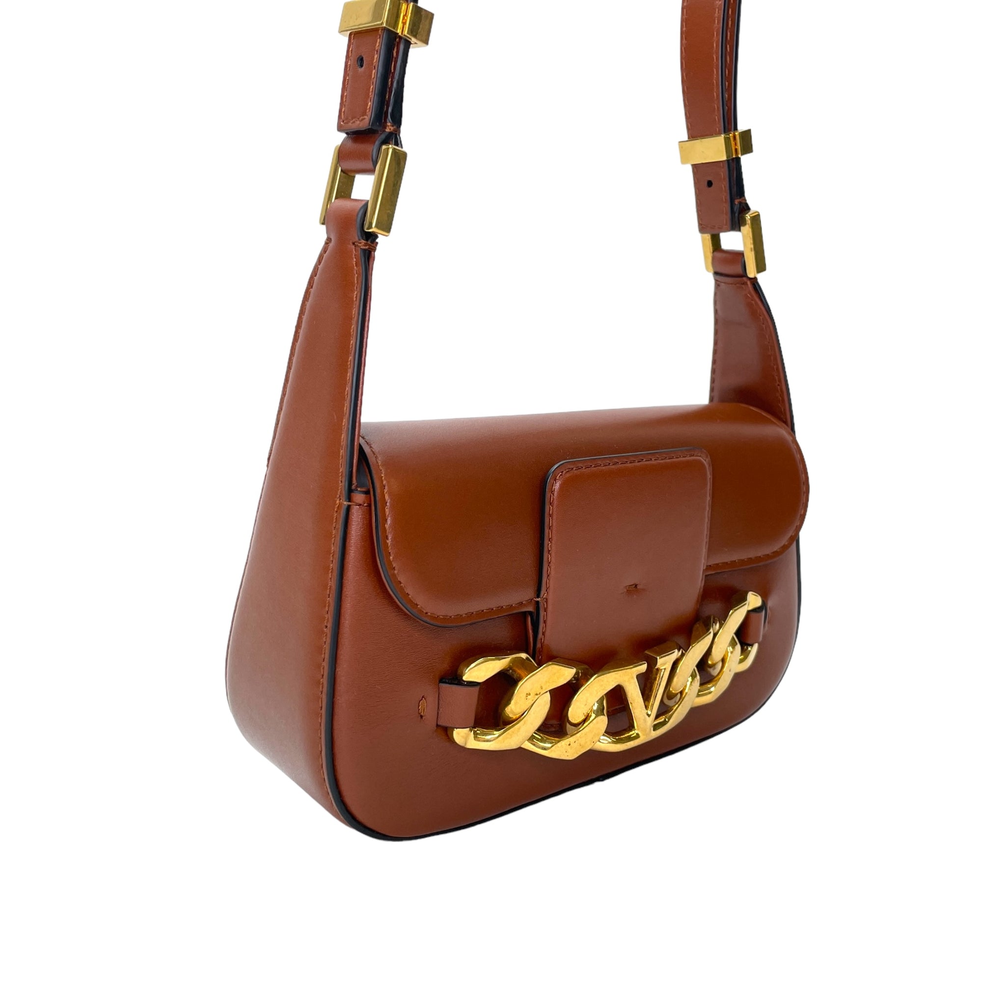 VLogo Chain Small Brown Shoulder Bag in Calfskin, Gold hardware