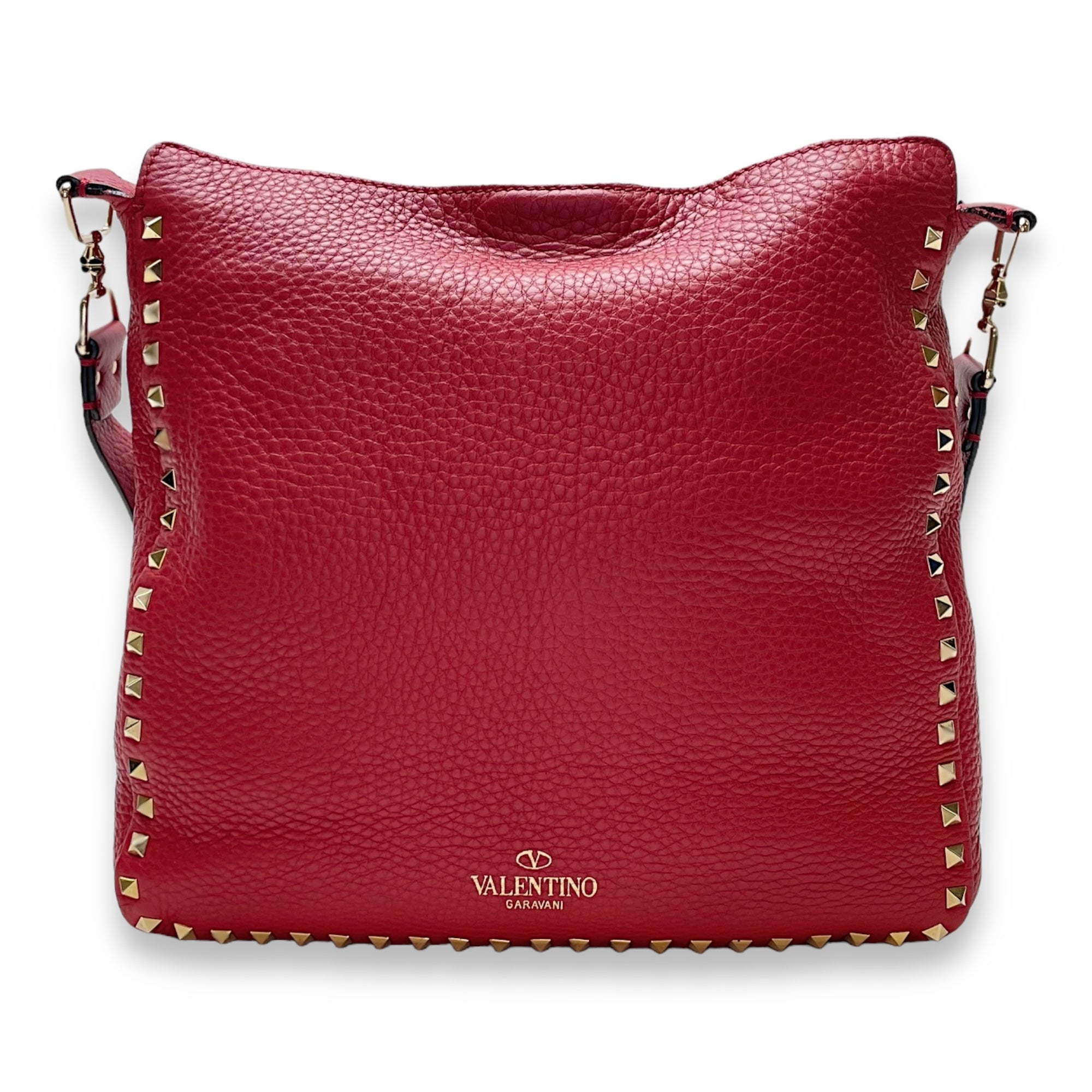 Rockstud Hobo Red Shoulder Bag in Calfskin, Gold hardware