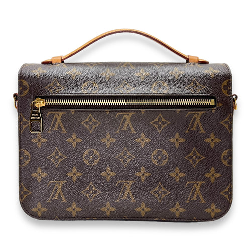 Metis Pochette  Brown Top Handle Bag in Monogram Coated Canvas, Gold hardware