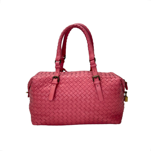 Boston Pink Top Handle Bag in Intrecciato Leather, Brushed Gold hardware