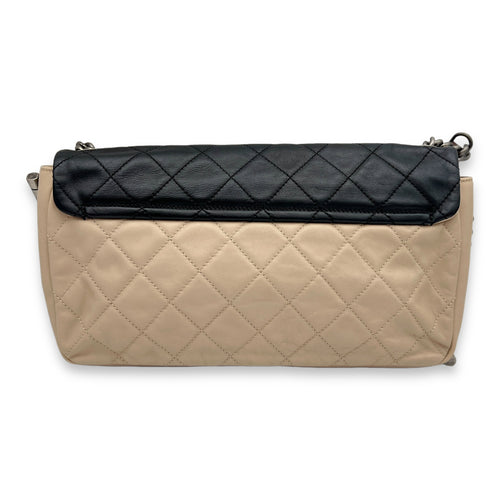 Flap Navy, Beige and Brown Crossbody Bag in Calfskin, Ruthenium hardware