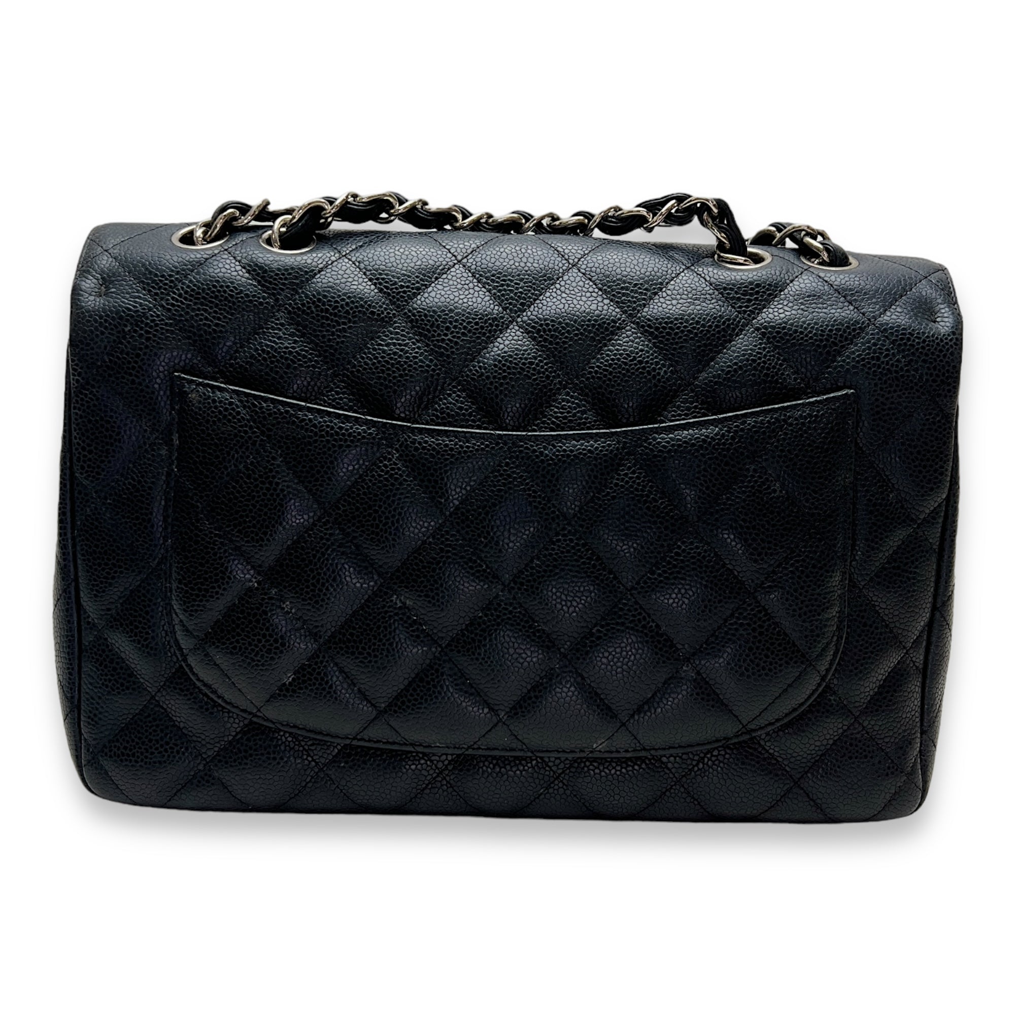 Classic Shoulder Bag Jumbo Single Flap Black in Caviar Leather , Silver Hardware