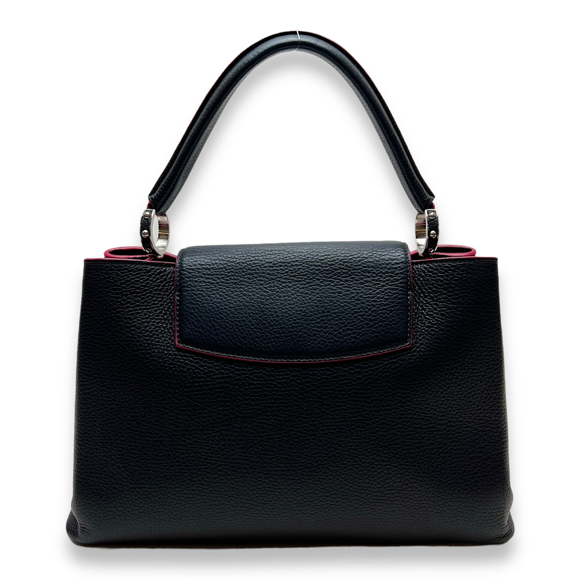 Capucines MM Black Top Handle Bag in Taurillon Leather, Silver hardware