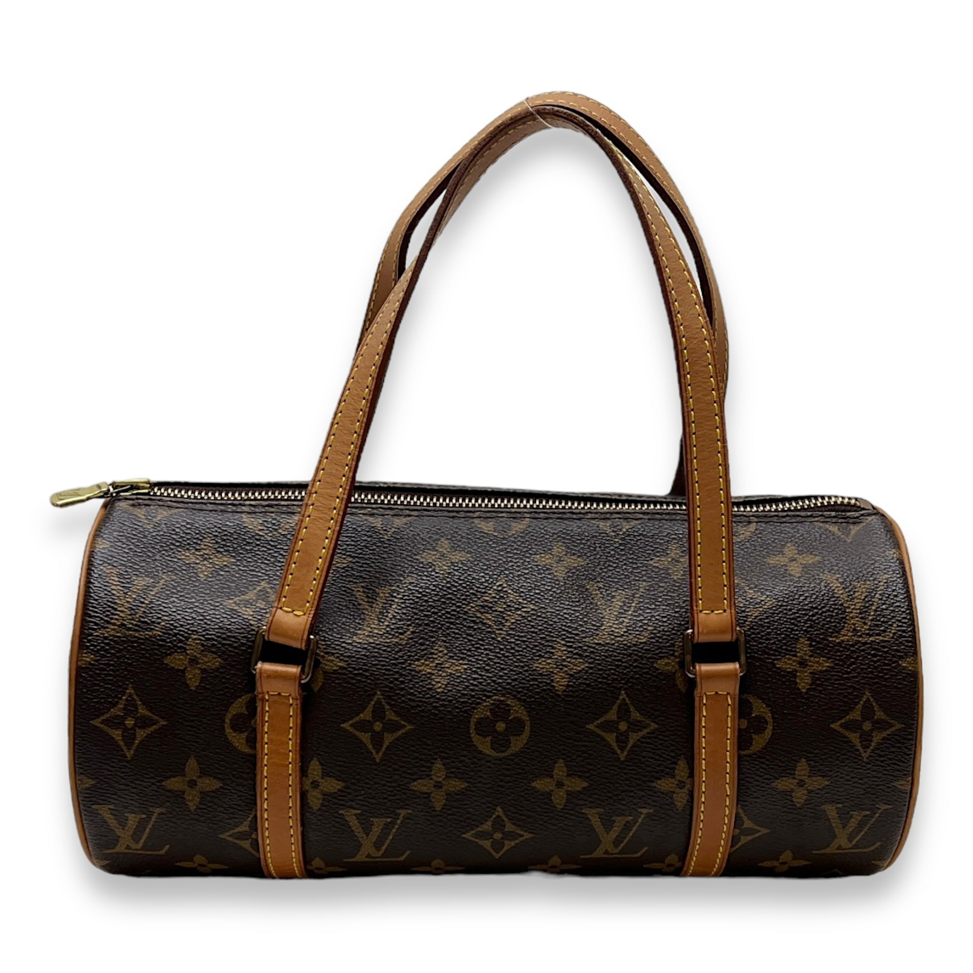 Papillon 28 Brown Top Handle Bag in Monogram Coated Canvas, Gold hardware