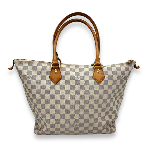 Saleya MM Damier Azur Top Handle Bag in Coated Canvas, Gold hardware