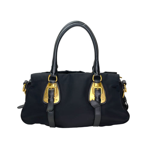 Two-Way Black Top Handle Bag in Nylon, Gold hardware