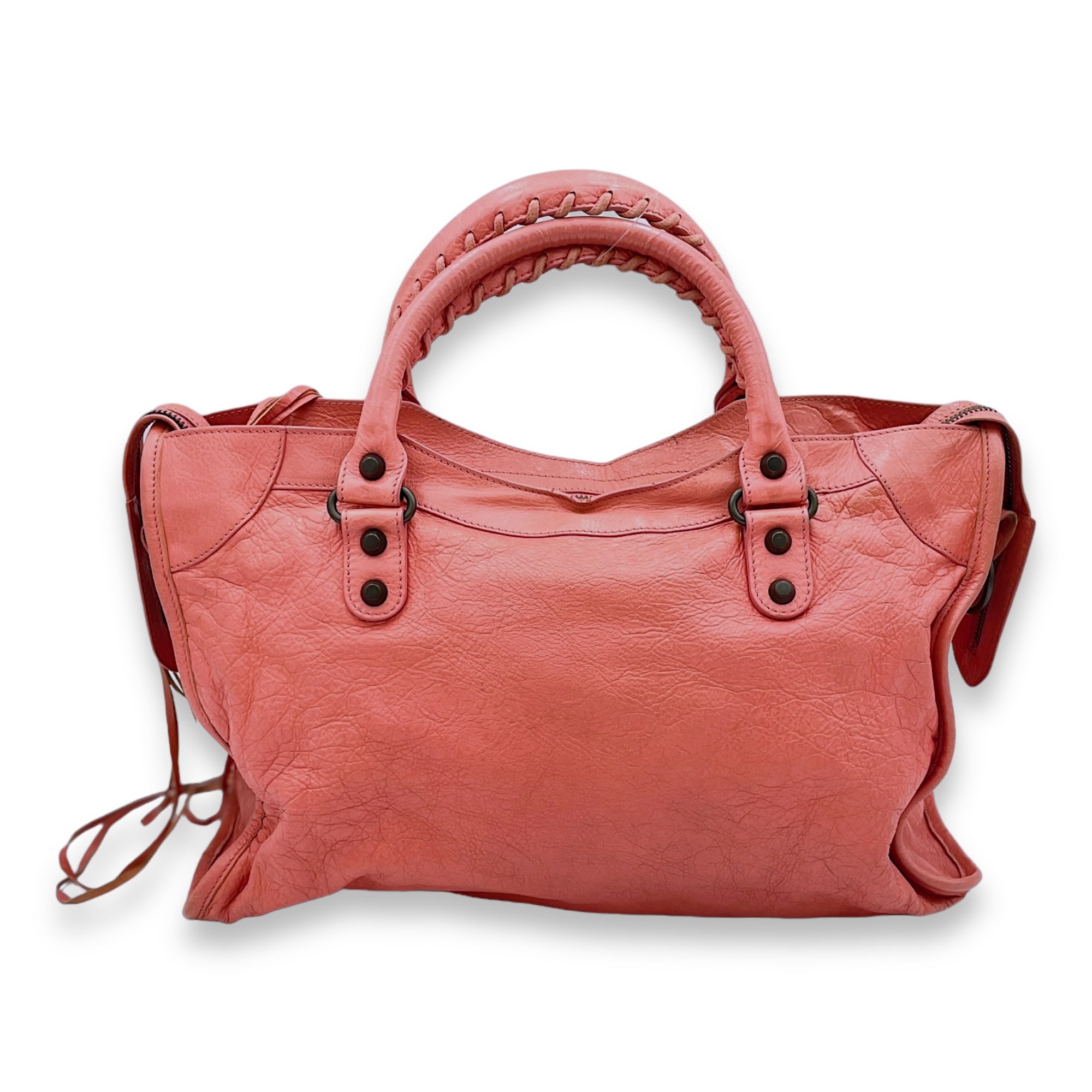 City Medium Pink Top Handle Bag in Distressed Leather, Gunmetal hardware