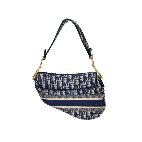 Saddle Medium Blue Top Handle Bag in Jacquard, Gold hardware