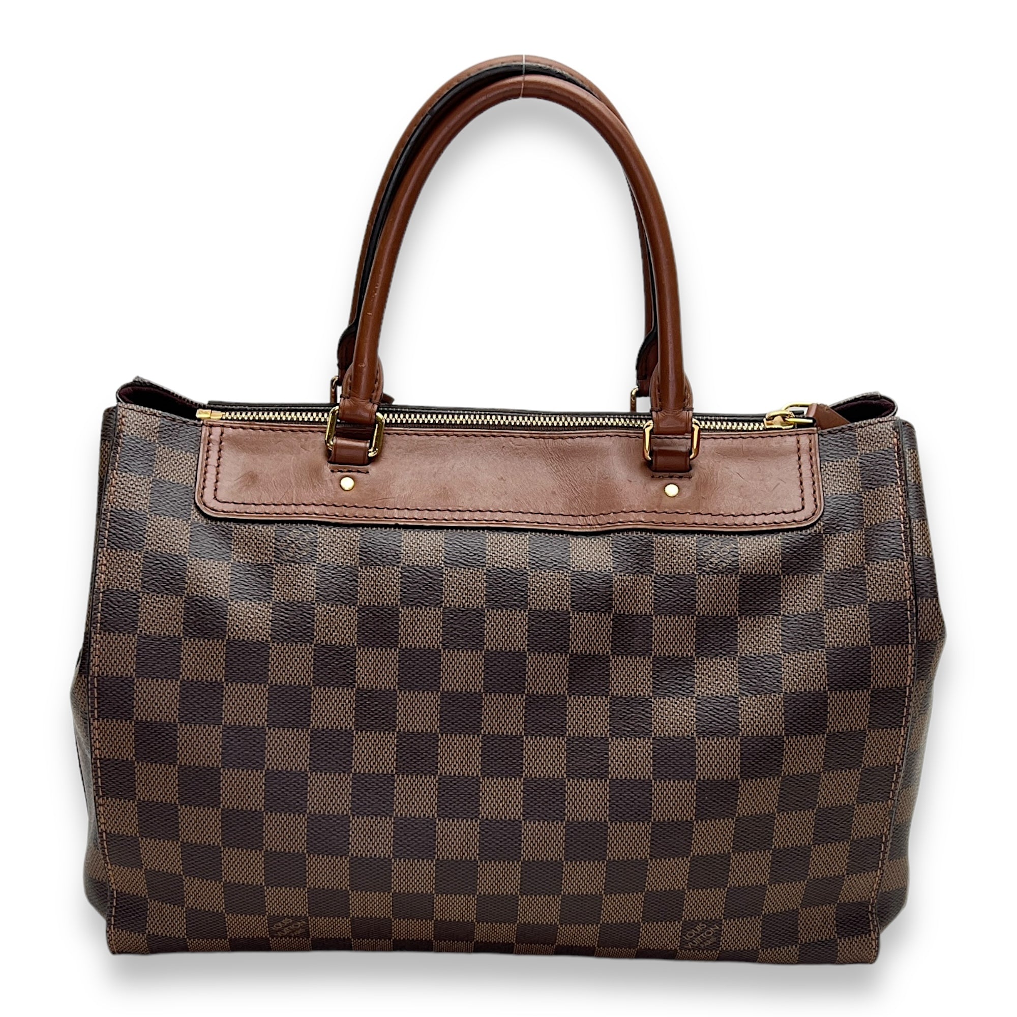 Greenwich Damier Ebene Brown Top Handle Bag in Coated Canvas, Gold hardware