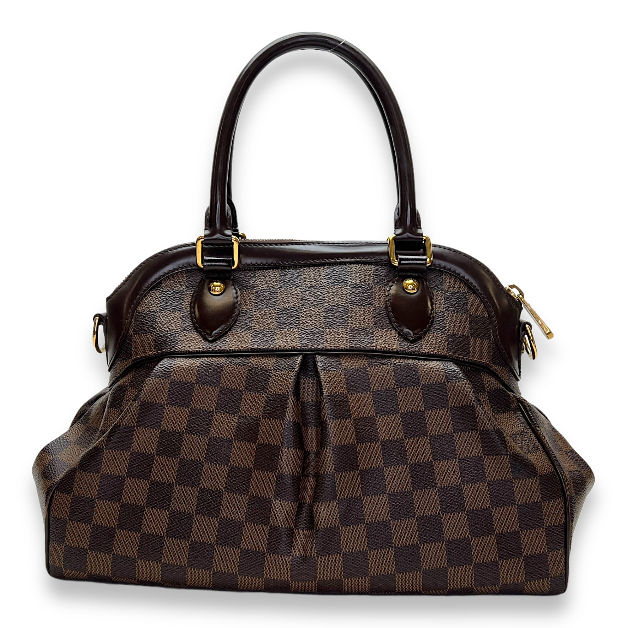 Trevi Damier Ebene PM Brown Top Handle Bag in Coated Canvas, Gold hardware