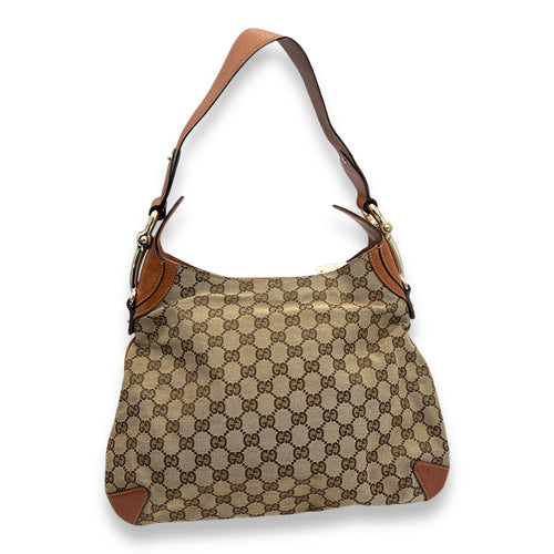 GG Creole Brown Shoulder Bag in Canvas, Gold hardware