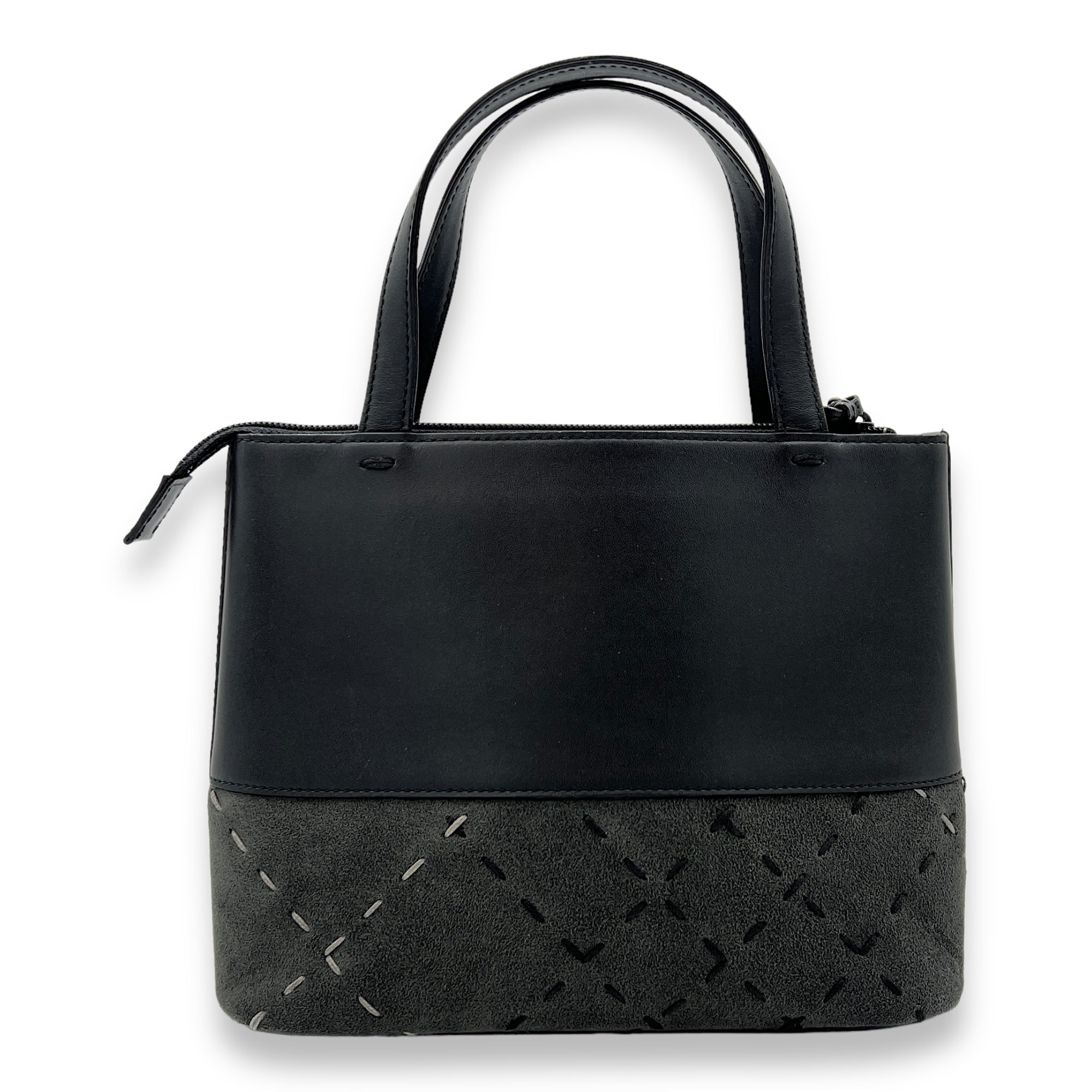 Logo Black Top Handle Bag in Calfskin and Suede, Silver hardware