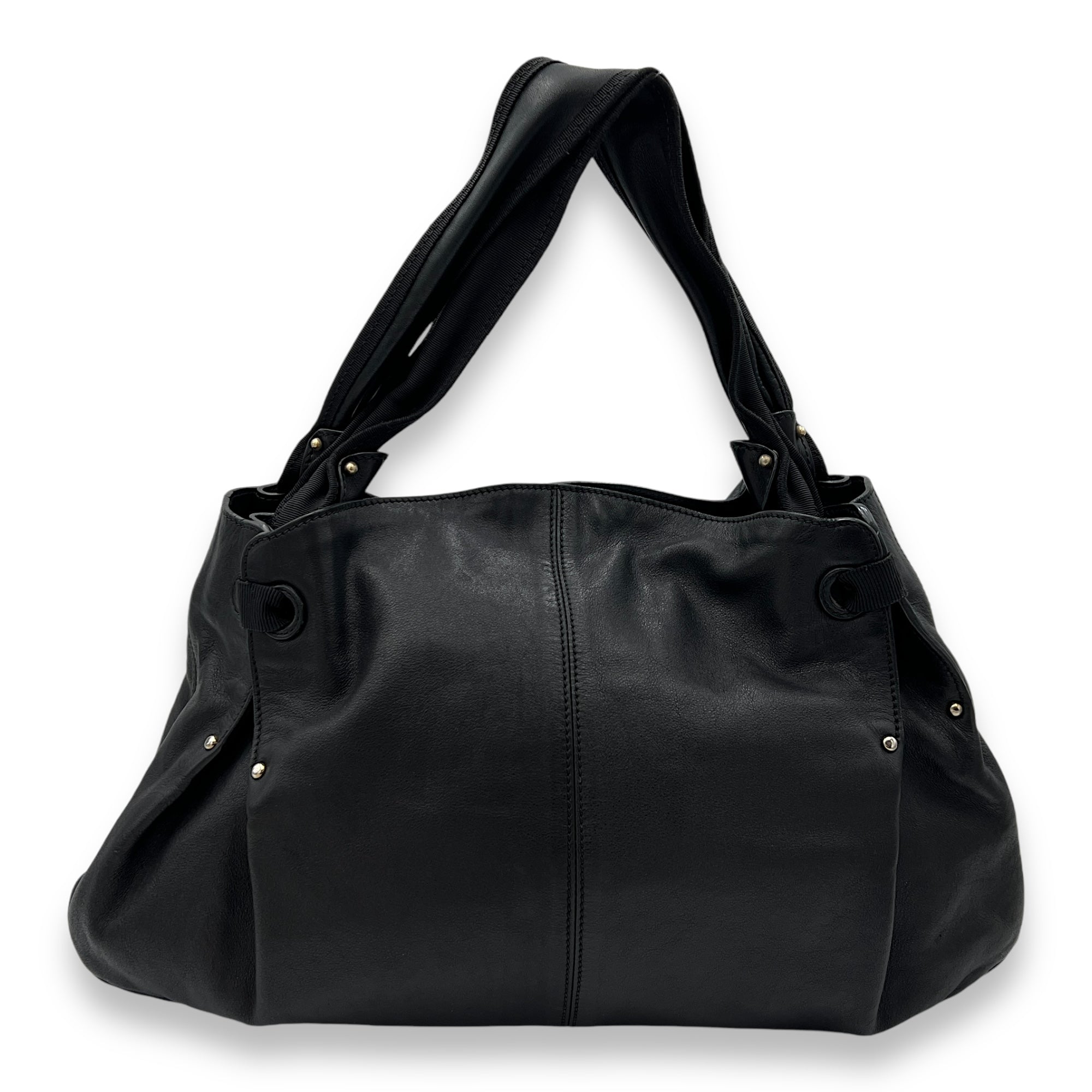 Bow Black Top Handle Bag in Calfskin, Silver hardware