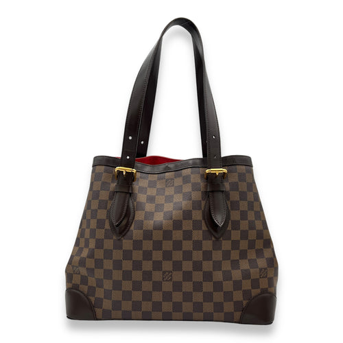 Hampstead MM Brown Top Handle Bag in Damier Ebene, Gold hardware