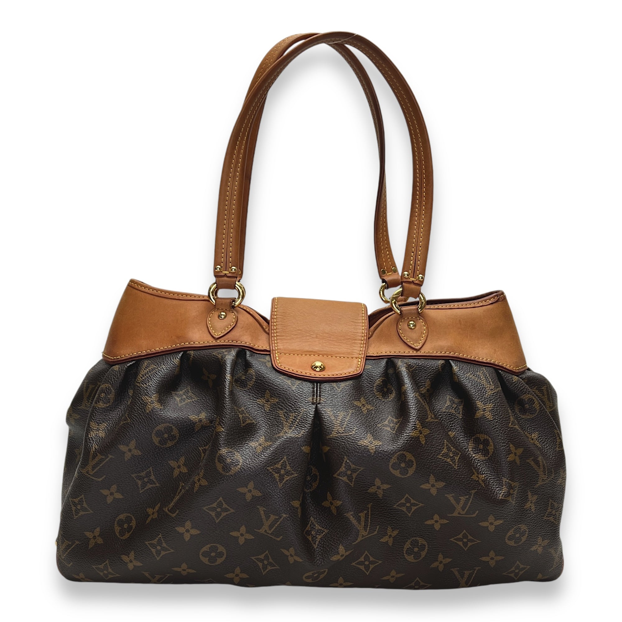 Boetie MM Brown Shoulder Bag in Monogram Coated Canvas, Gold hardware