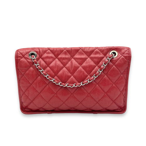 French Riviera Red Shoulder Bag in Caviar Leather, Silver hardware