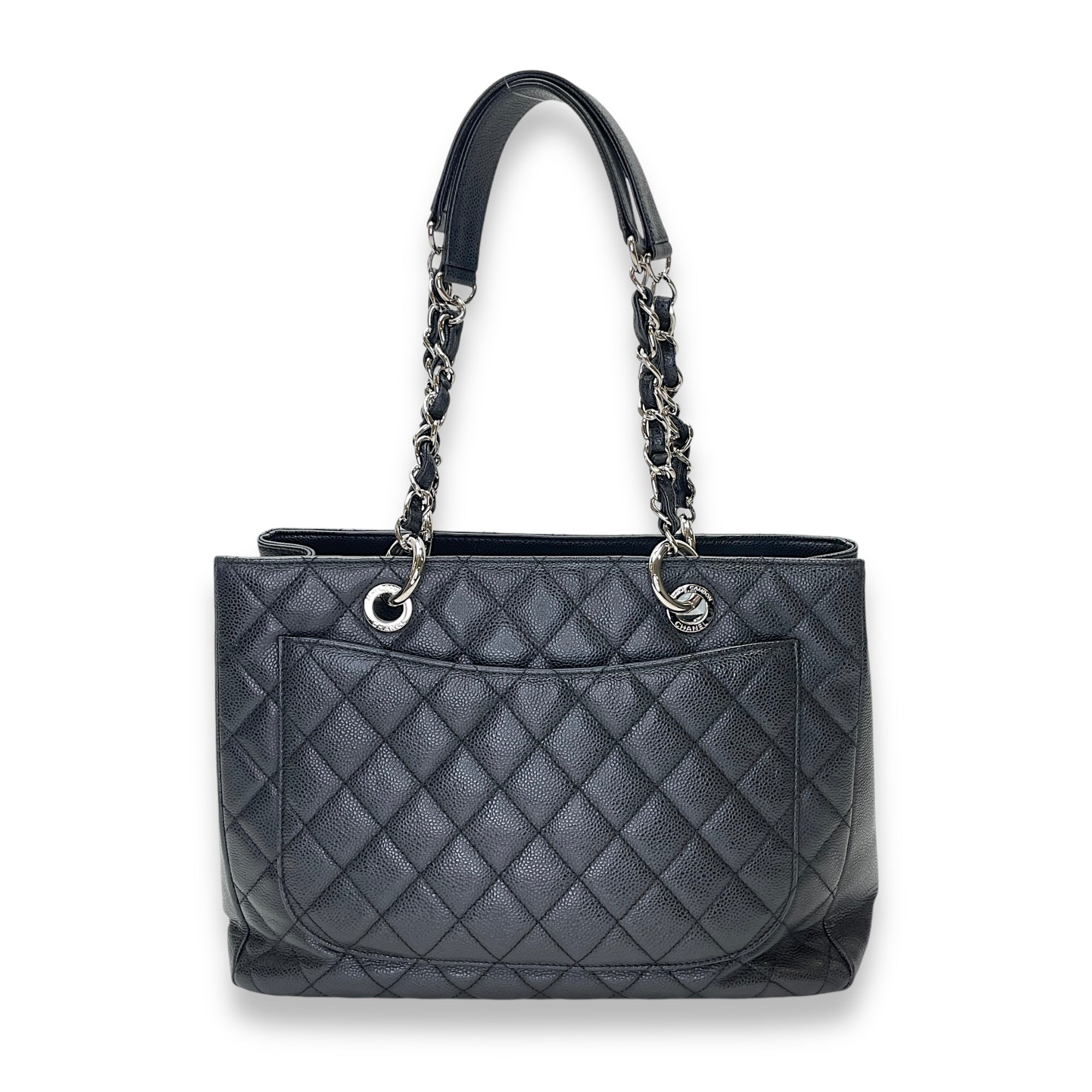 GST Grand Shopping Tote Black Tote Bag in Caviar Leather, Silver hardware