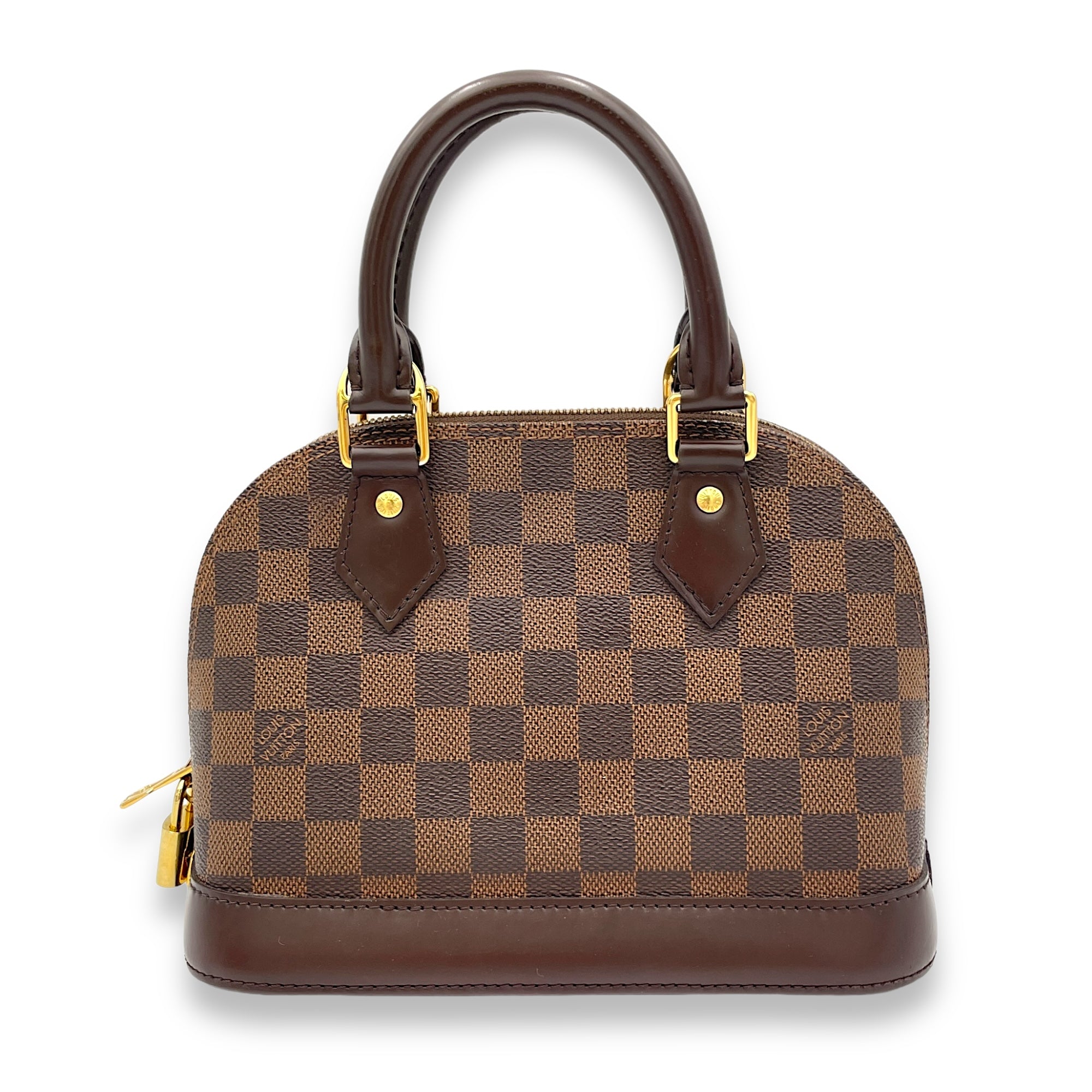 Alma BB Damier Ebene Top Handle Bag in Coated Canvas, Gold hardware