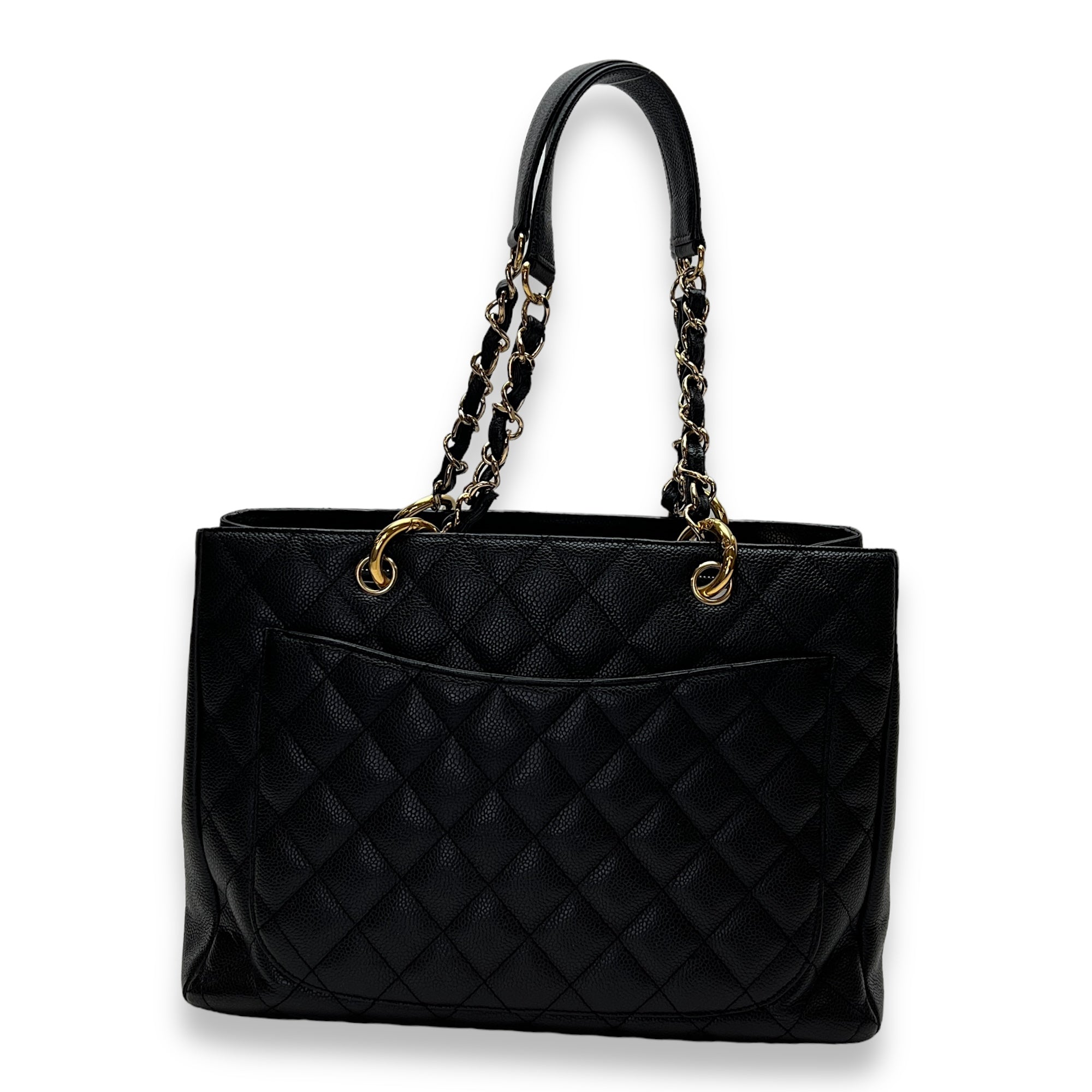 GST Grand Shopping Tote Large Black Shoulder Bag in Caviar Leather, Gold hardware