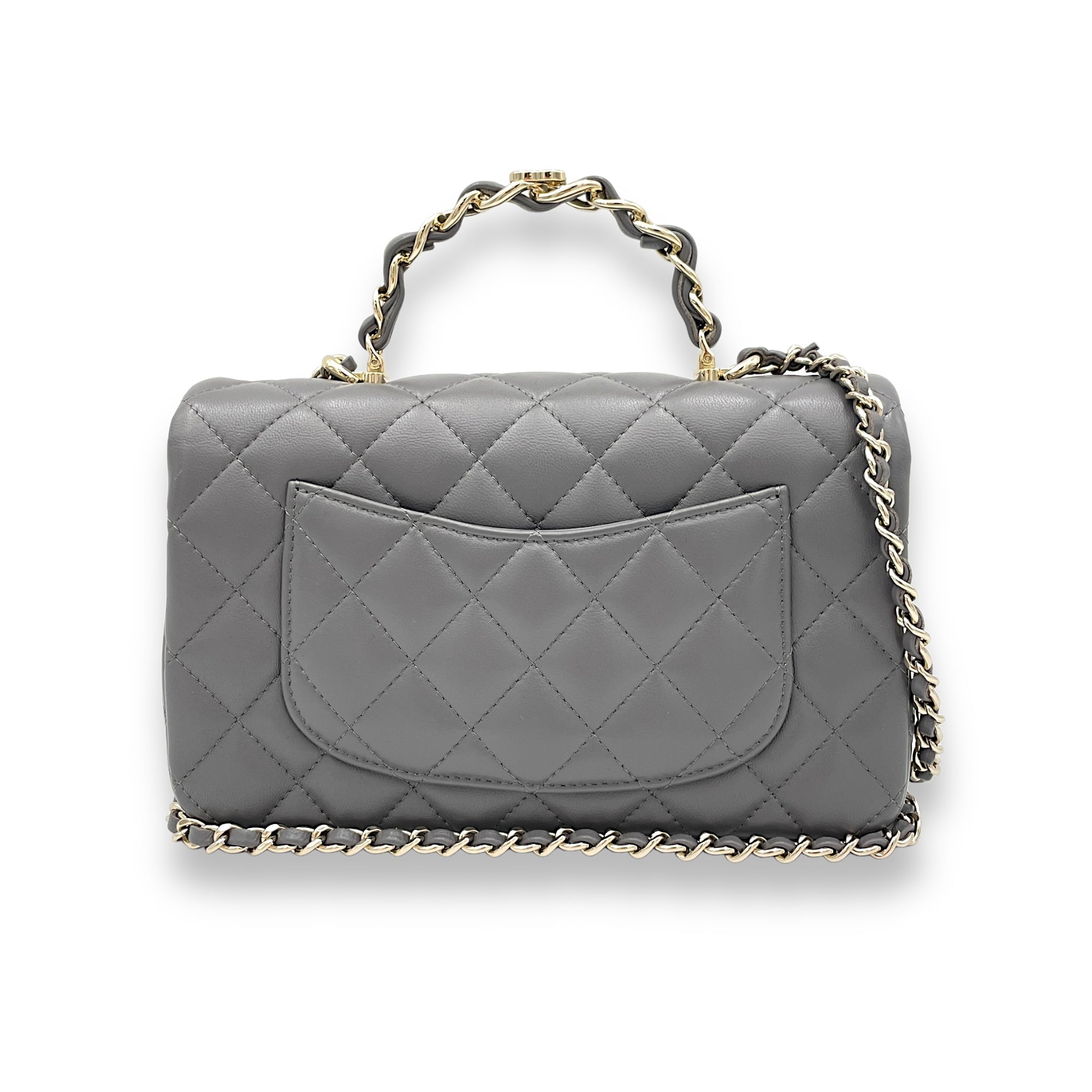 Classic Flap Rectangle Grey Top Handle Bag in Lambskin, Light Gold hardware