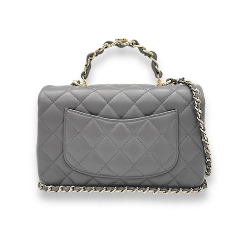 Classic Flap Rectangle Grey Top Handle Bag in Lambskin, Light Gold hardware