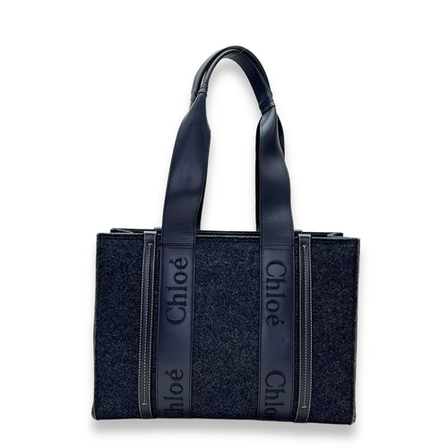 Woody Tote Bag Medium Navy in Felt Fabric, Silver hardware