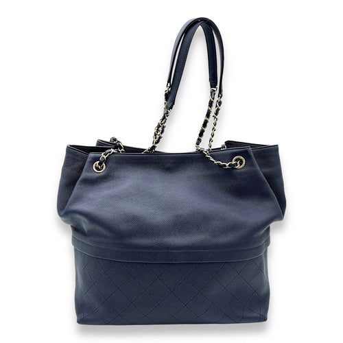 Quilted Blue Shoulder Bag in Caviar Leather, Light Gold hardware