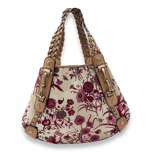 Floral Multi-colour Top Handle Bag in Canvas, Light Gold hardware