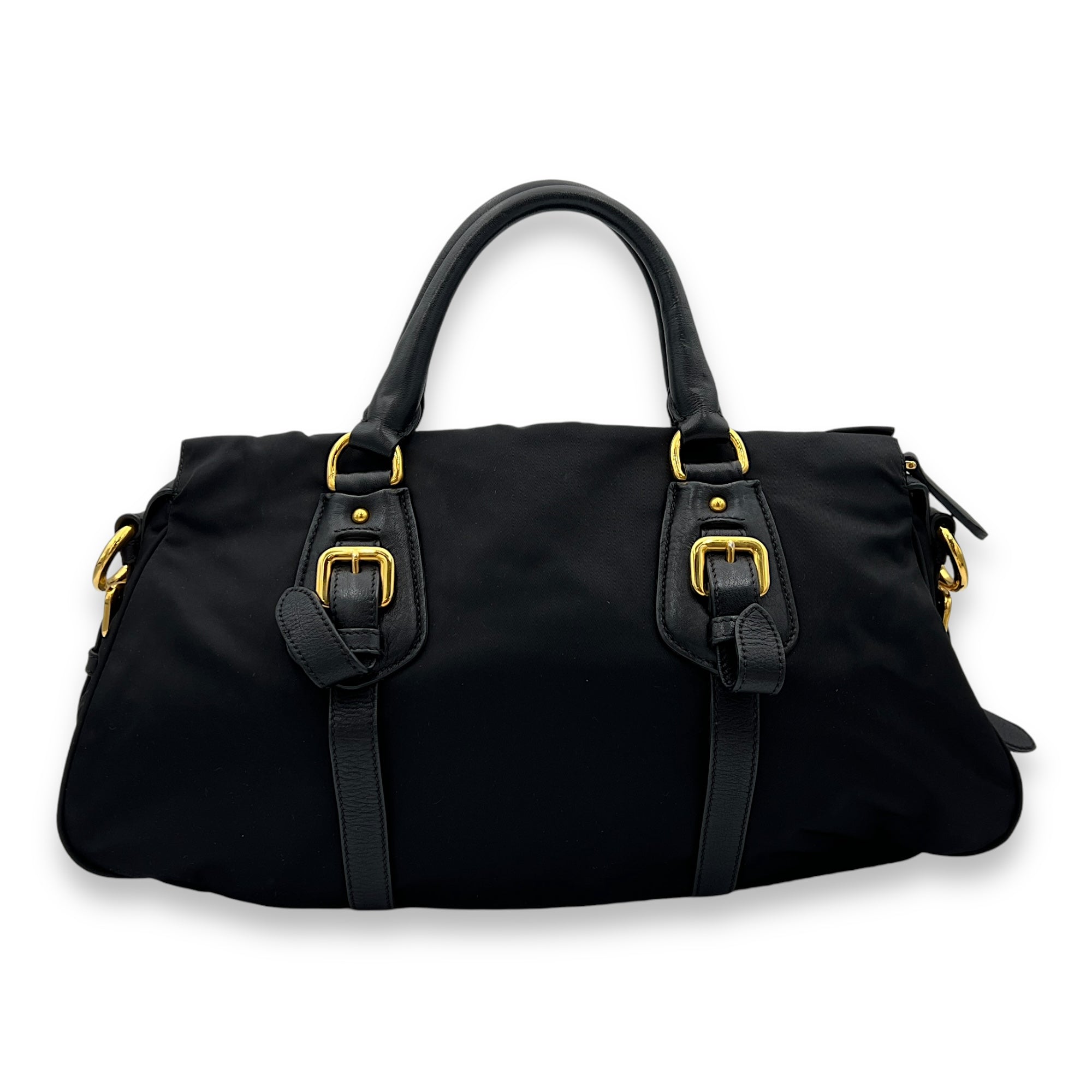 Two-Way Black Top Handle Bag in Nylon, Gold hardware