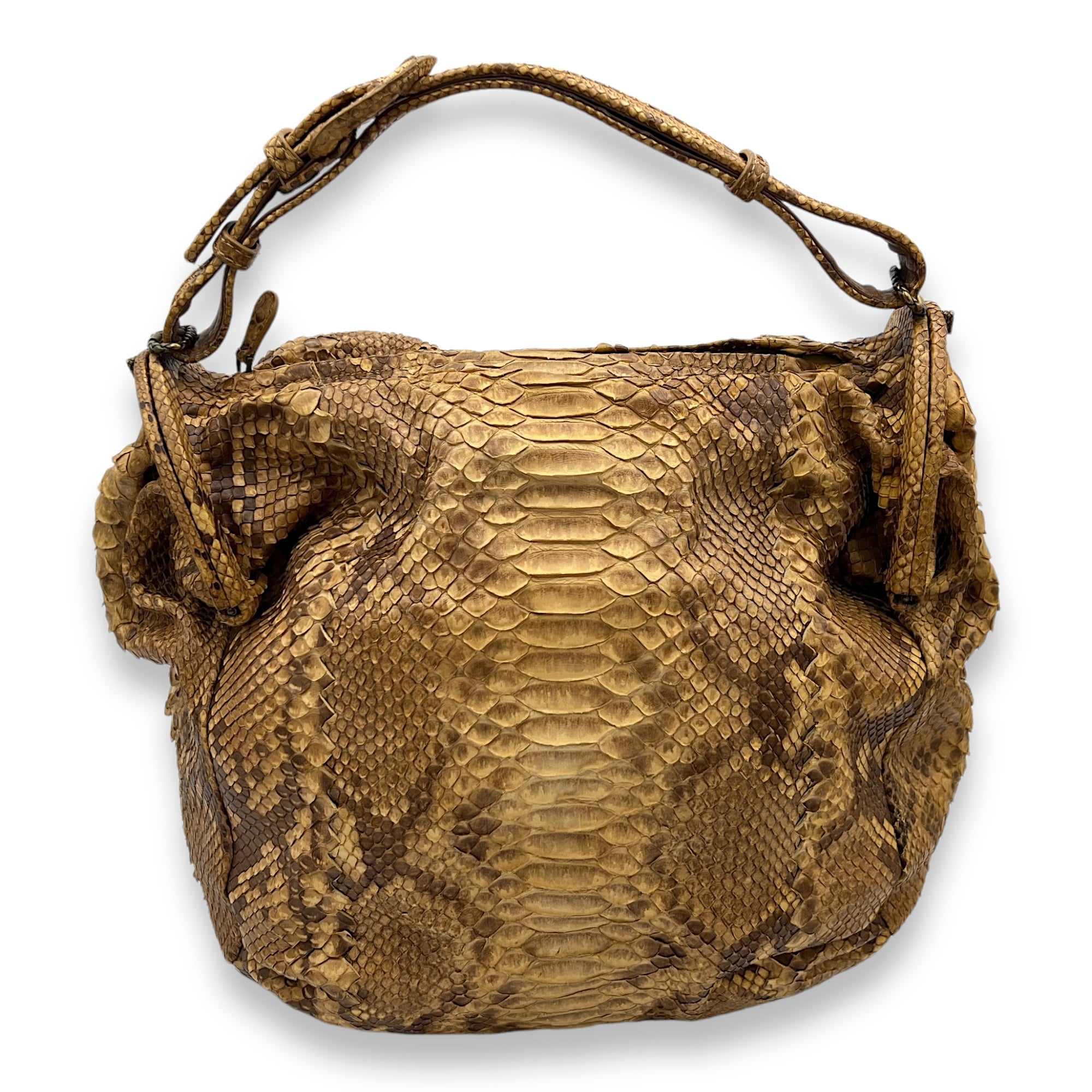 Duette Brown Shoulder Bag in Python Leather, Brushed Gold hardware