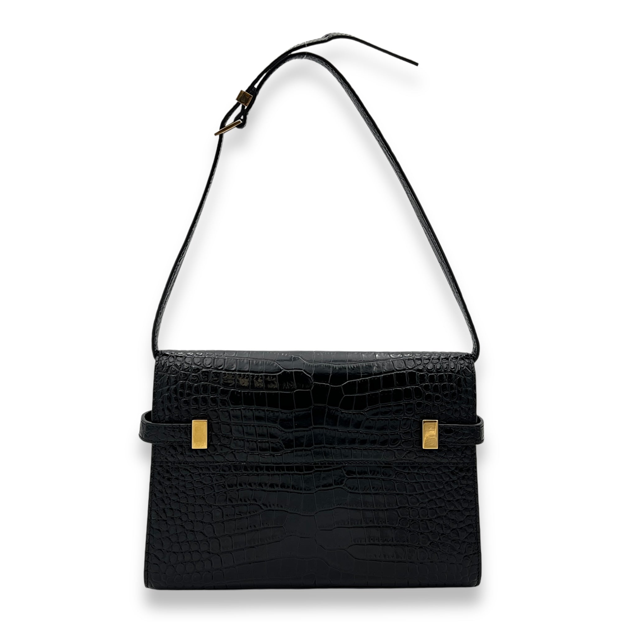 Manhattan Shoulder Bag Black in Crocodile Embossed Calfskin, Gold hardware