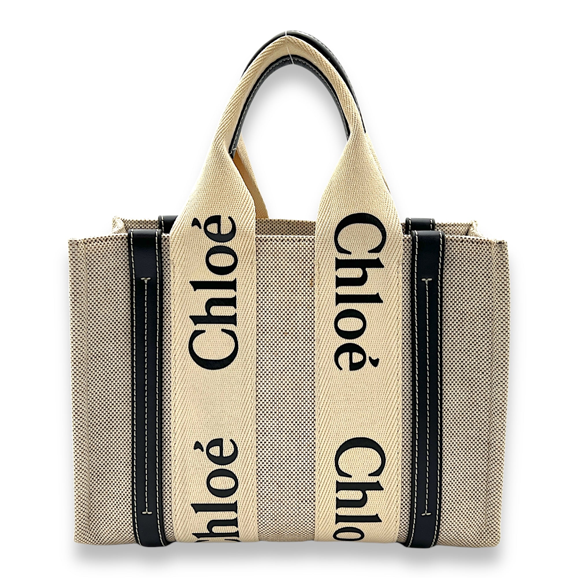 Woody Tote Bag Small Beige in Canvas, Silver hardware