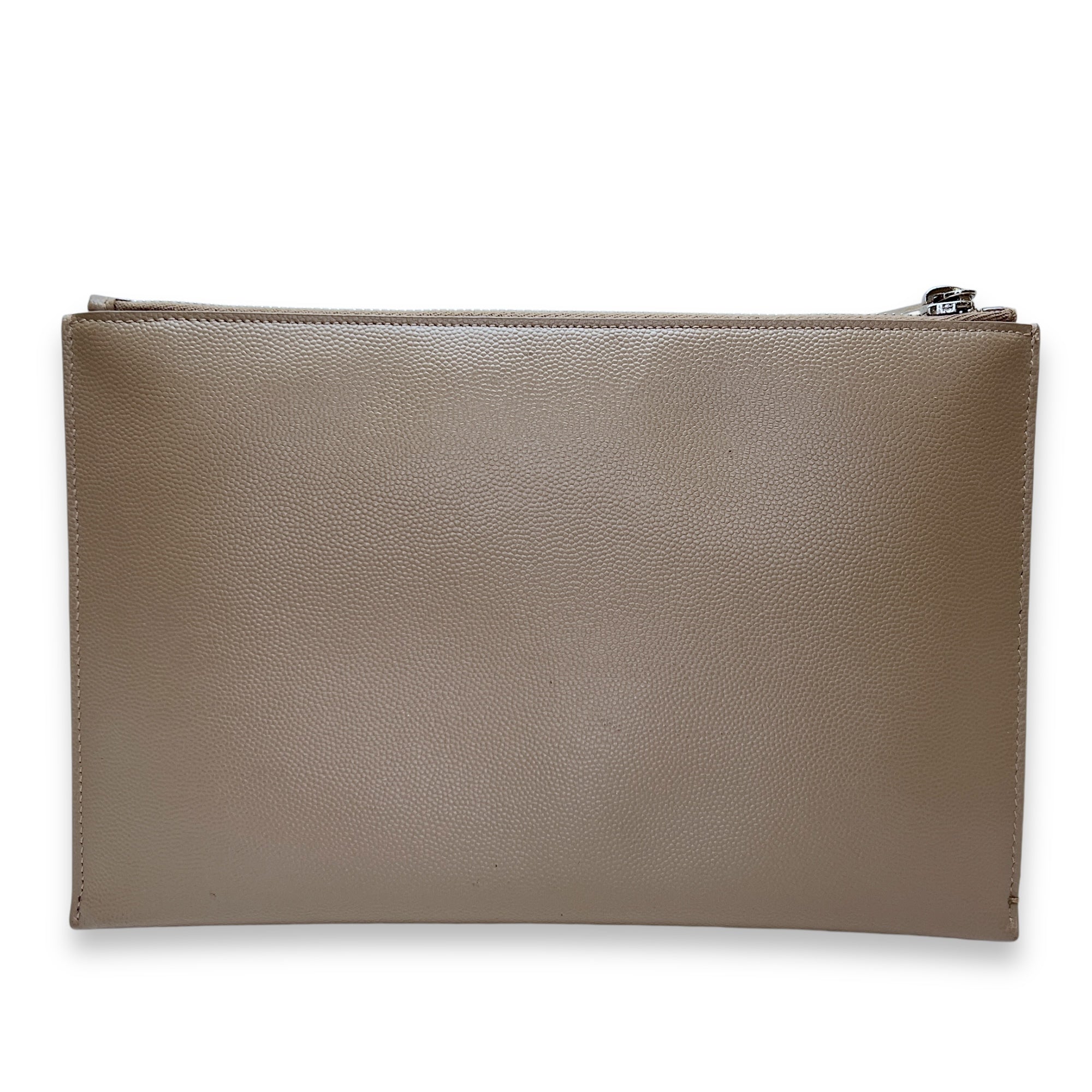 Paris Zipped Beige Pouch in Calfskin, Silver hardware