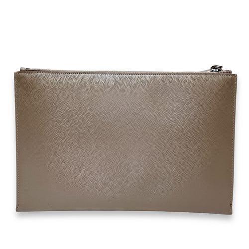 Paris Zipped Beige Pouch in Calfskin, Silver hardware