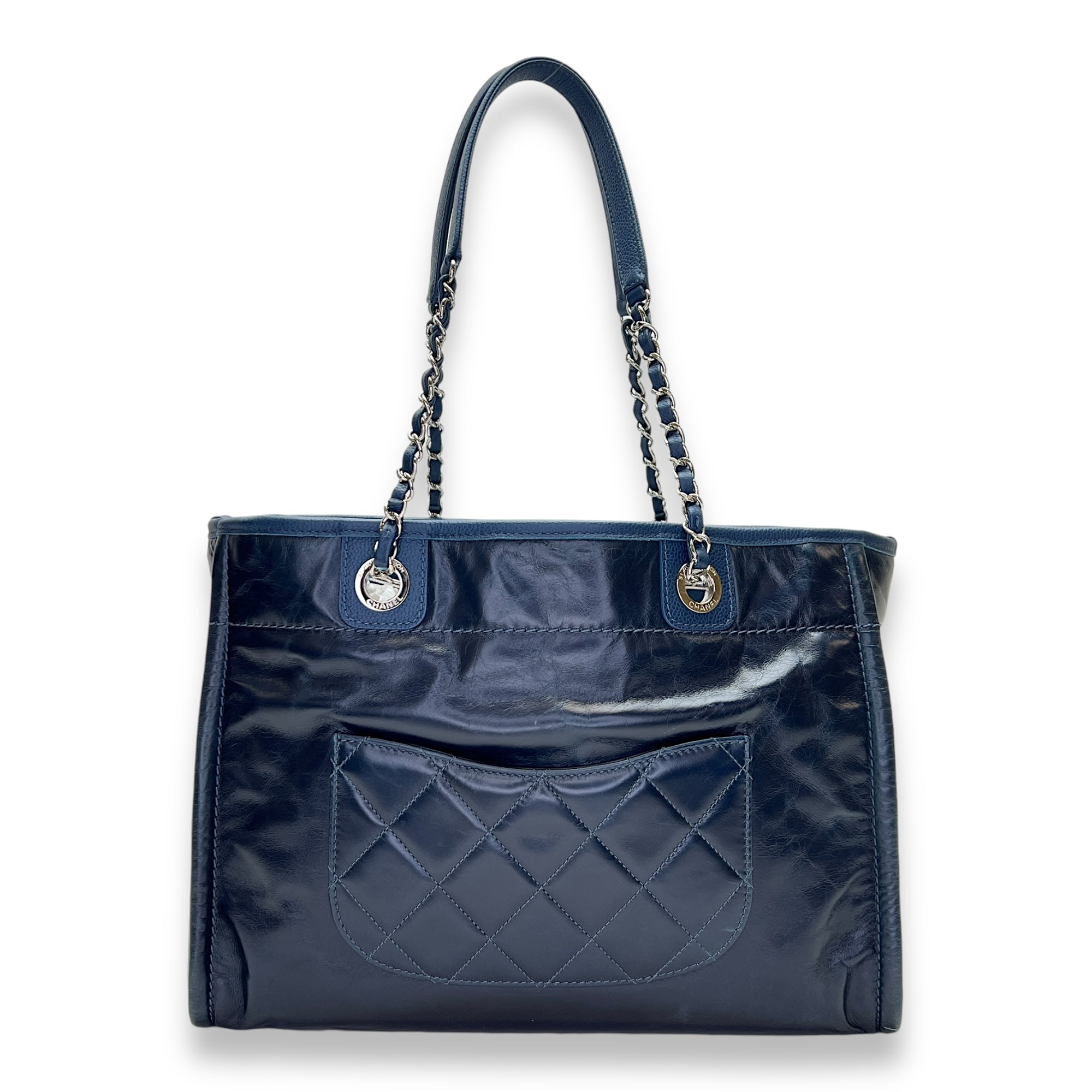 Deauville Medium Blue Tote Bag in Calfskin, Silver hardware