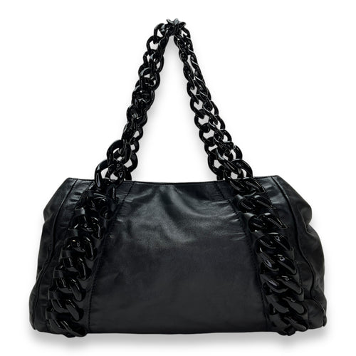 Modern Chain Rhodoid East West Black Shoulder Bag in Calfskin, Lacquered Metal hardware