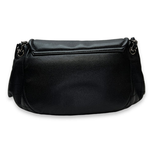 Half Moon Black Shoulder Bag in Caviar Leather, Silver hardware